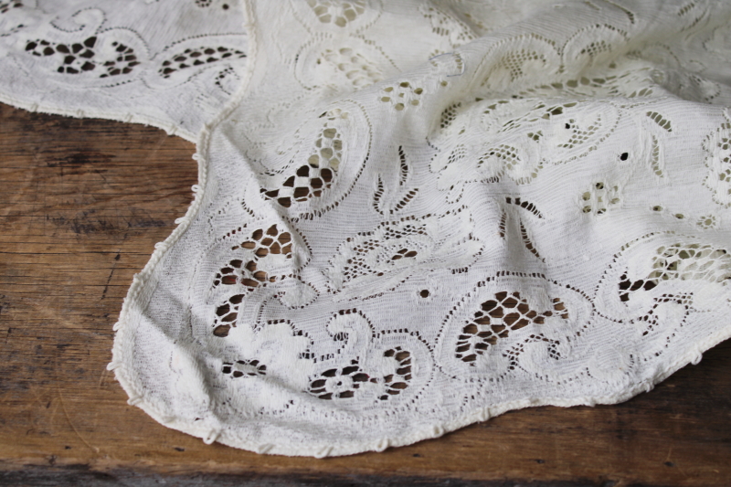 photo of vintage ivory cotton lace tablecloth 66 x 84, french country style floral shabby chic #13