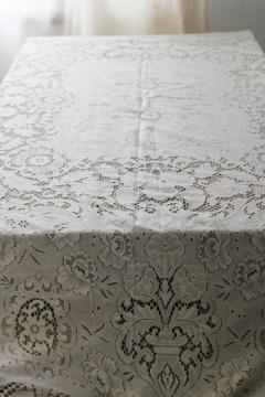 catalog photo of vintage ivory cotton lace tablecloth 66 x 84, french country style floral shabby chic