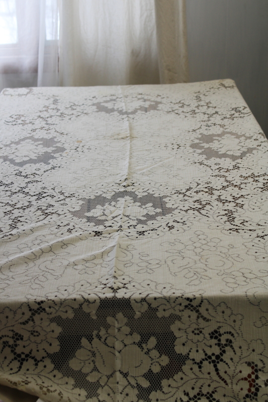 photo of vintage ivory cotton lace tablecloth, 82 x 66 Quaker lace type tablecloth #1