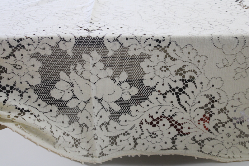 photo of vintage ivory cotton lace tablecloth, 82 x 66 Quaker lace type tablecloth #7