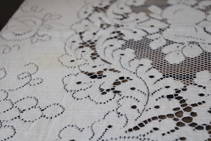 photo of vintage ivory cotton lace tablecloth, 82 x 66 Quaker lace type tablecloth #13