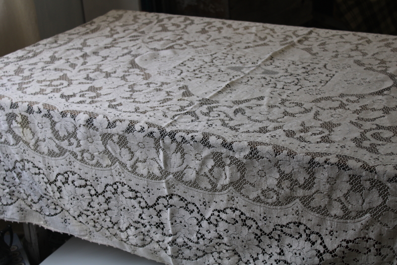 photo of vintage ivory cotton lace tablecloth, Quaker lace type tablecloth 78 x 60 #1