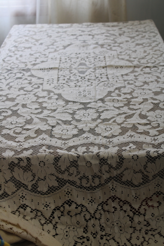 photo of vintage ivory cotton lace tablecloth, Quaker lace type tablecloth 78 x 60 #2