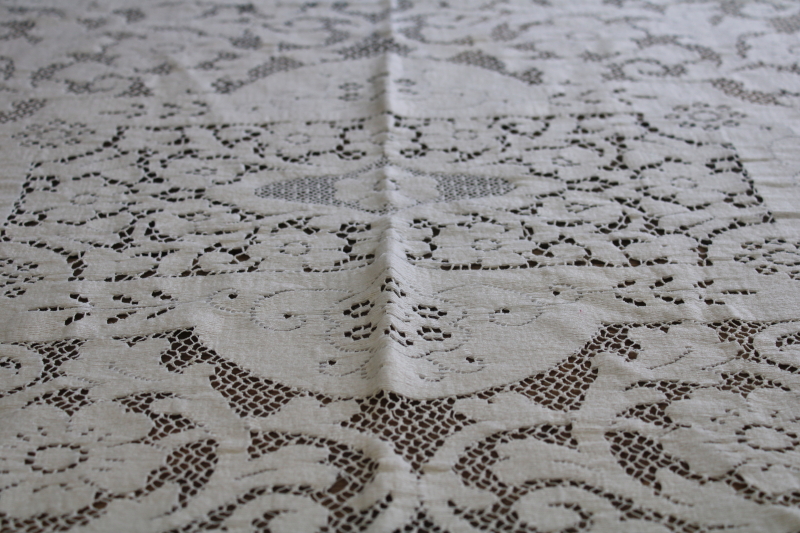 photo of vintage ivory cotton lace tablecloth, Quaker lace type tablecloth 78 x 60 #4