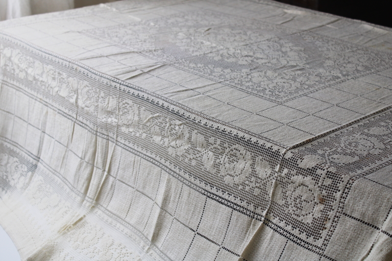 photo of vintage ivory cotton lace tablecloth net w/ roses border, shabby chic upcycle fabric #1