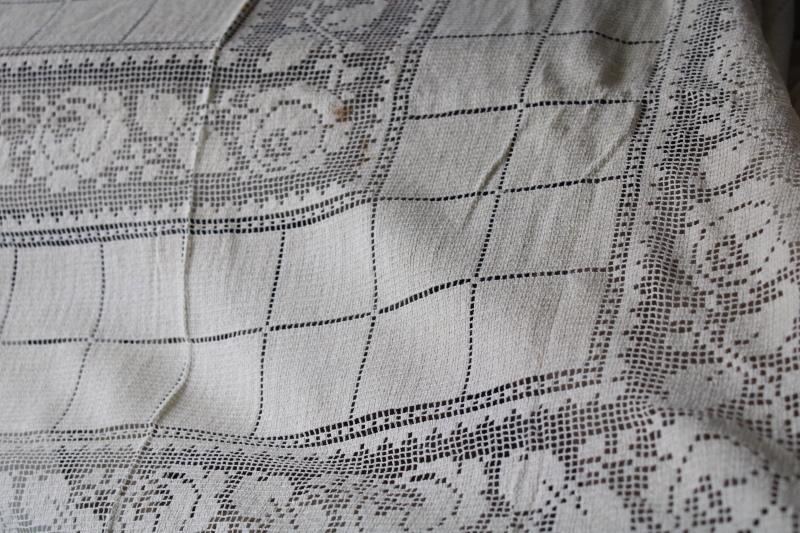 photo of vintage ivory cotton lace tablecloth net w/ roses border, shabby chic upcycle fabric #2