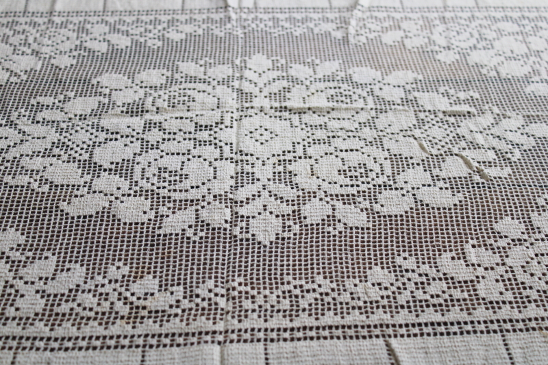 photo of vintage ivory cotton lace tablecloth net w/ roses border, shabby chic upcycle fabric #4