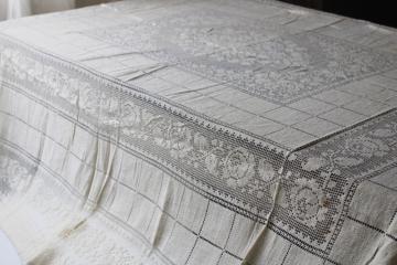 catalog photo of vintage ivory cotton lace tablecloth net w/ roses border, shabby chic upcycle fabric