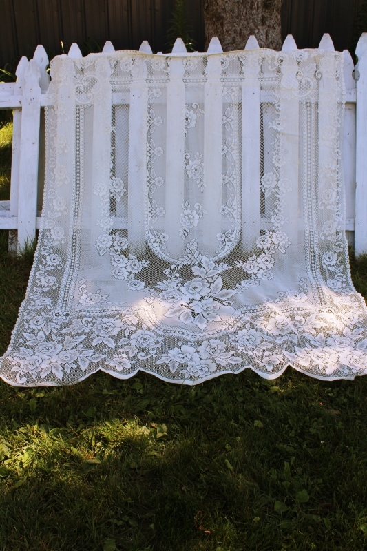 photo of vintage ivory lace curtain wrinkle free poly, large long flat panel window or door shade #1