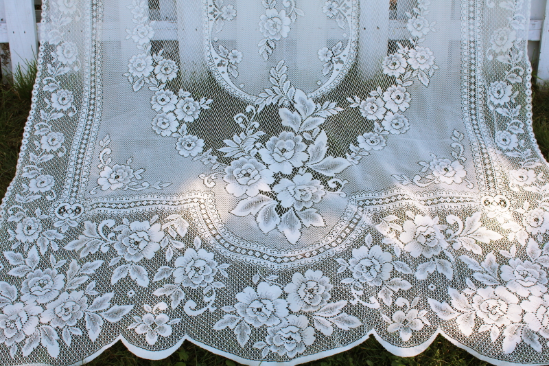 photo of vintage ivory lace curtain wrinkle free poly, large long flat panel window or door shade #3