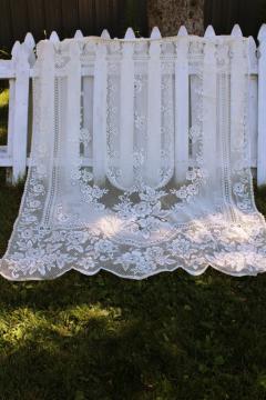 catalog photo of vintage ivory lace curtain wrinkle free poly, large long flat panel window or door shade