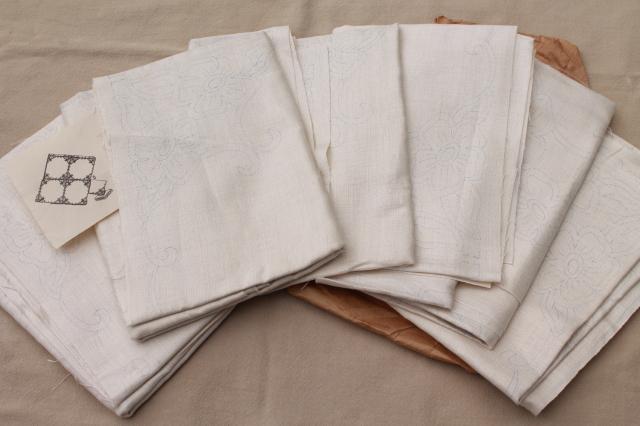 photo of vintage ivory linen fabric stamped for cutwork embroidery, embroidered table linens #1