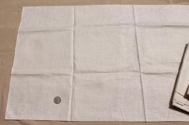 photo of vintage ivory linen fabric stamped for cutwork embroidery, embroidered table linens #6