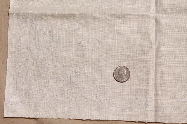 photo of vintage ivory linen fabric stamped for cutwork embroidery, embroidered table linens #8