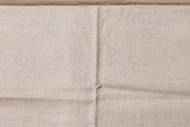 photo of vintage ivory linen fabric stamped for cutwork embroidery, embroidered table linens #10