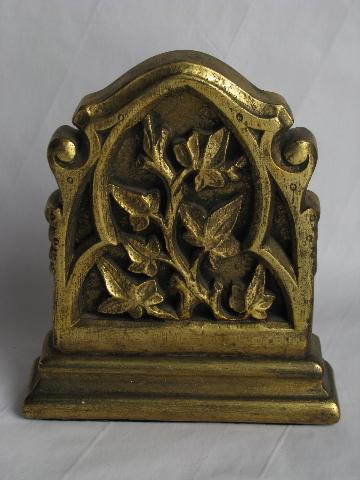 photo of vintage ivy chalkware bookends, book ends w/ antique florentine gold, Borghese - Italy #3