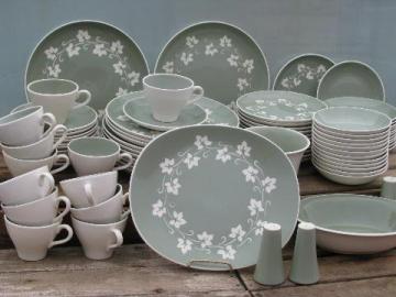 catalog photo of vintage ivy vine celadon green Harker Cameo Ware pottery dinnerware set for 12