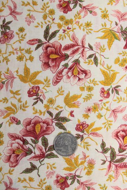 photo of vintage jacobean floral print cotton fabric, coral pink & mustard gold on white #1