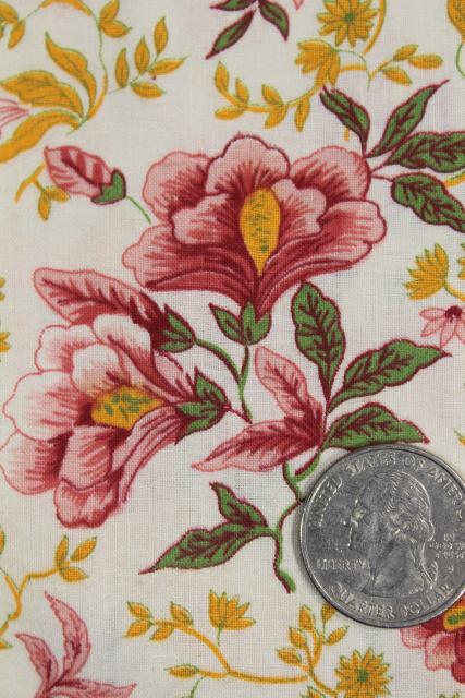 photo of vintage jacobean floral print cotton fabric, coral pink & mustard gold on white #2