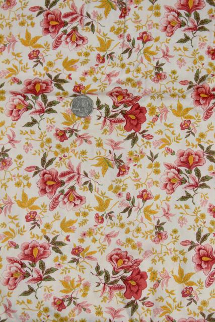 photo of vintage jacobean floral print cotton fabric, coral pink & mustard gold on white #4