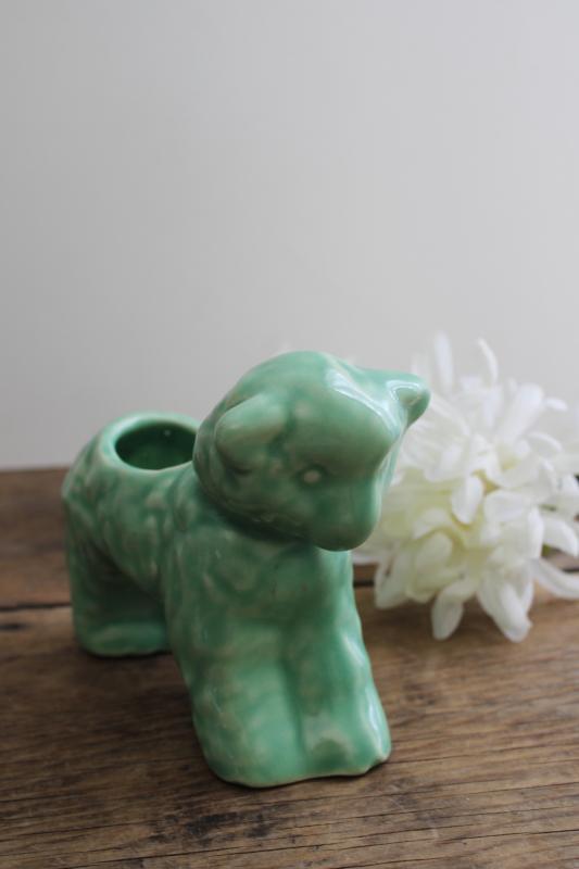 photo of vintage jade green McCoy pottery baby lamb planter, retro Easter spring decor #2