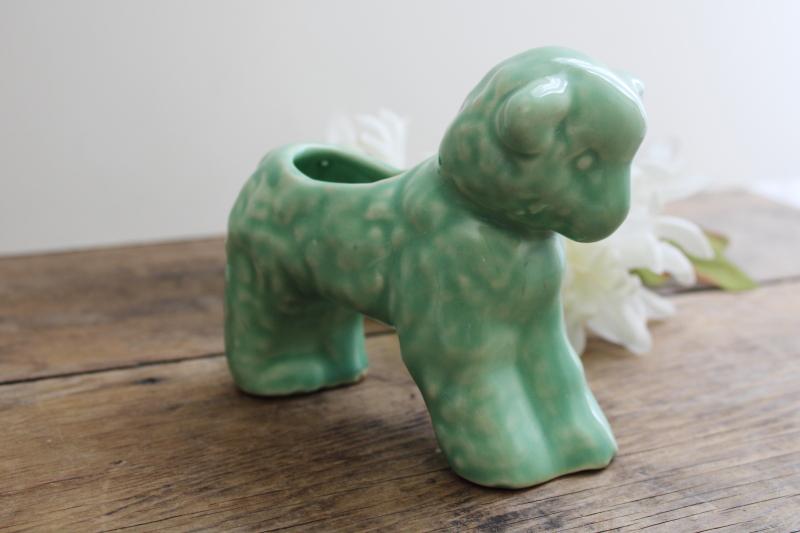 photo of vintage jade green McCoy pottery baby lamb planter, retro Easter spring decor #3