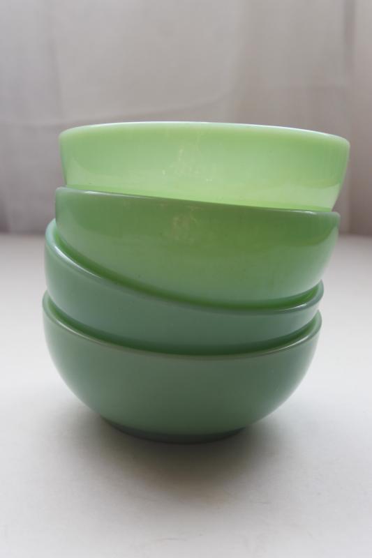 photo of vintage jadeite Fire King heavy glass soup or chili bowls set, jadite green glassware #4