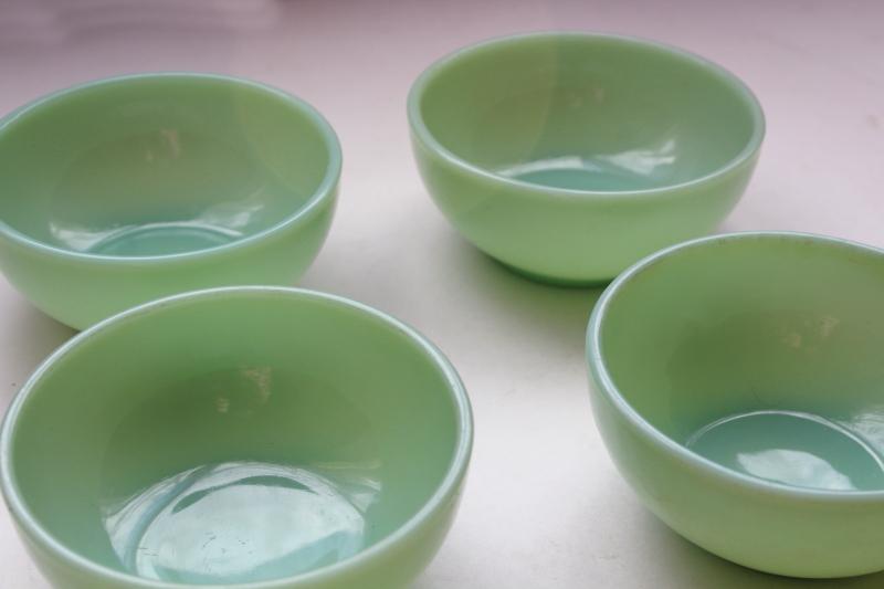 photo of vintage jadeite Fire King heavy glass soup or chili bowls set, jadite green glassware #5