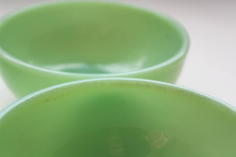 photo of vintage jadeite Fire King heavy glass soup or chili bowls set, jadite green glassware #11