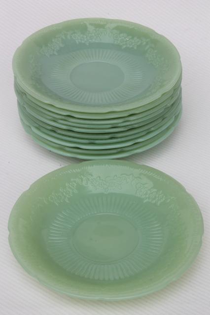 photo of vintage jadeite saucer plates, Fire-King Alice jadite set of 10 matching saucers #1