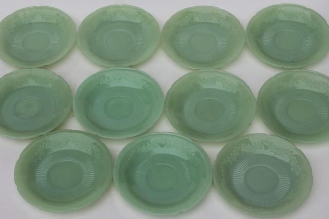 photo of vintage jadeite saucer plates, Fire-King Alice jadite set of 10 matching saucers #2