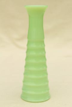 catalog photo of vintage jadite green glass bud vase, 1930s 40s art deco banded stacked ring pattern