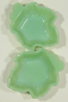 catalog photo of vintage jadite green glassware, leaf shaped dishes Fire King jadeite glass maple leaves