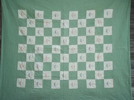 photo of vintage jadite green quilt hand stitched album squares embroidered flowers #1