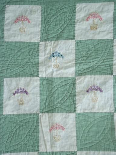 photo of vintage jadite green quilt hand stitched album squares embroidered flowers #2