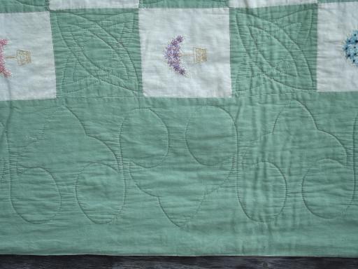 photo of vintage jadite green quilt hand stitched album squares embroidered flowers #6