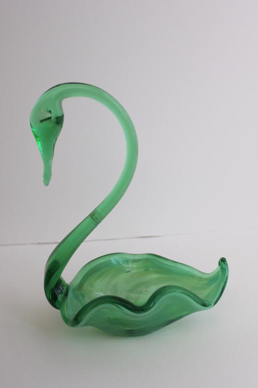 photo of vintage jadite green slag glass swan, hand blown art glass dish or small bowl #1