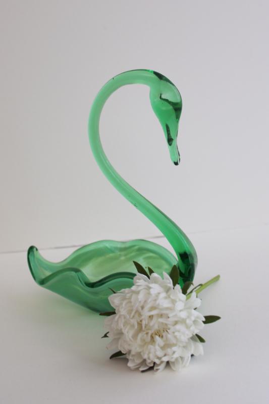 photo of vintage jadite green slag glass swan, hand blown art glass dish or small bowl #6