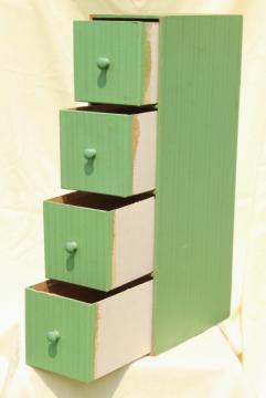 catalog photo of vintage jadite green wallpaper covered storage drawers, tall narrow vertical or horizontal