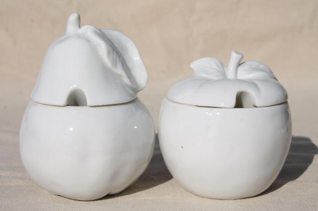 photo of vintage jam pots, pure white porcelain apple & pear fruit preserve jars #1