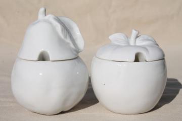 catalog photo of vintage jam pots, pure white porcelain apple & pear fruit preserve jars