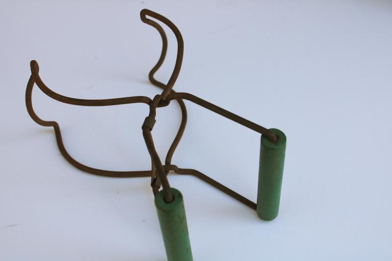 photo of vintage jar lifter canning tongs, old green painted wood handle kitchen tool #3