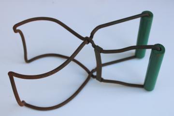 catalog photo of vintage jar lifter canning tongs, old green painted wood handle kitchen tool