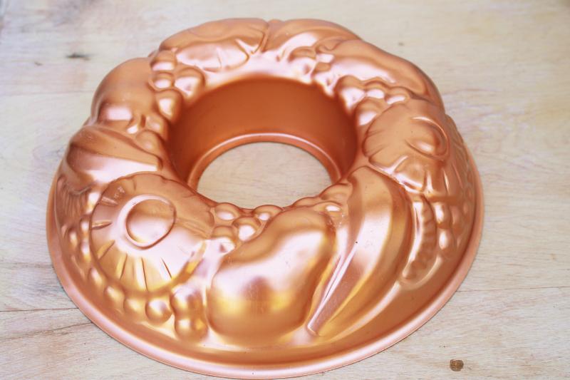 photo of vintage jello mold, fruit salad wreath shape copper plate aluminum mold #6