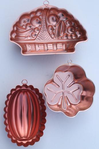photo of vintage jello mold lot, retro pink & copper tint aluminum pans / molds #11