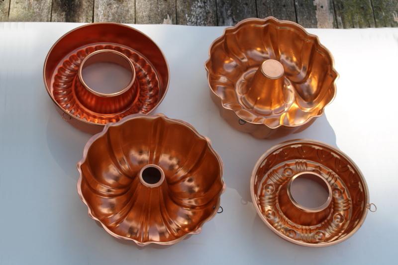 photo of vintage jello molds, ring mold collection copper aluminum pans kitchen wall hanging #2