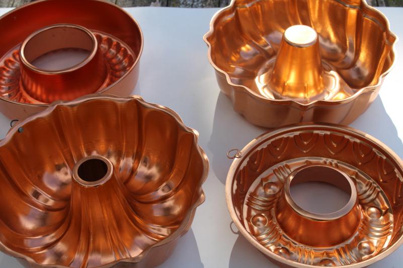 photo of vintage jello molds, ring mold collection copper aluminum pans kitchen wall hanging #5