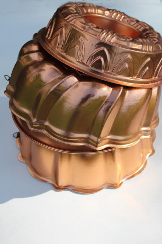 photo of vintage jello molds, ring mold collection copper aluminum pans kitchen wall hanging #6
