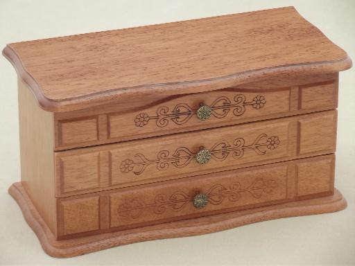 photo of vintage jewelry boxes, two wood chests w/ tiny velvet lined drawers #3