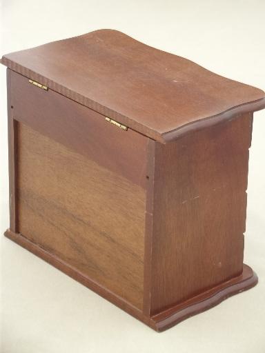 photo of vintage jewelry boxes, two wood chests w/ tiny velvet lined drawers #9